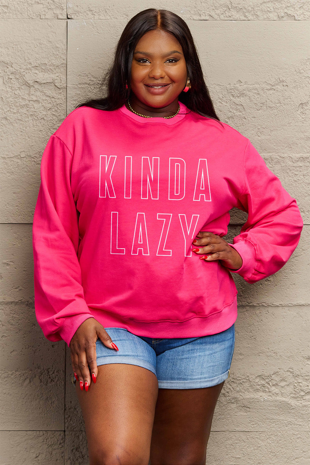 Simply Love Full Size KINDA LAZY Round Neck Sweatshirt