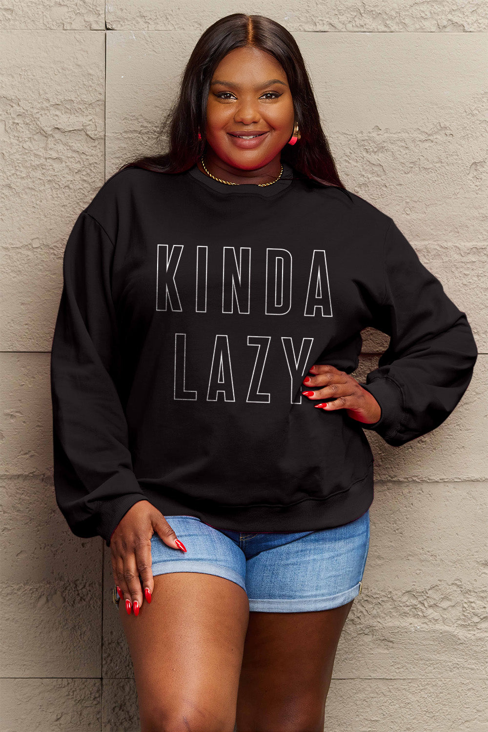 Simply Love Full Size KINDA LAZY Round Neck Sweatshirt