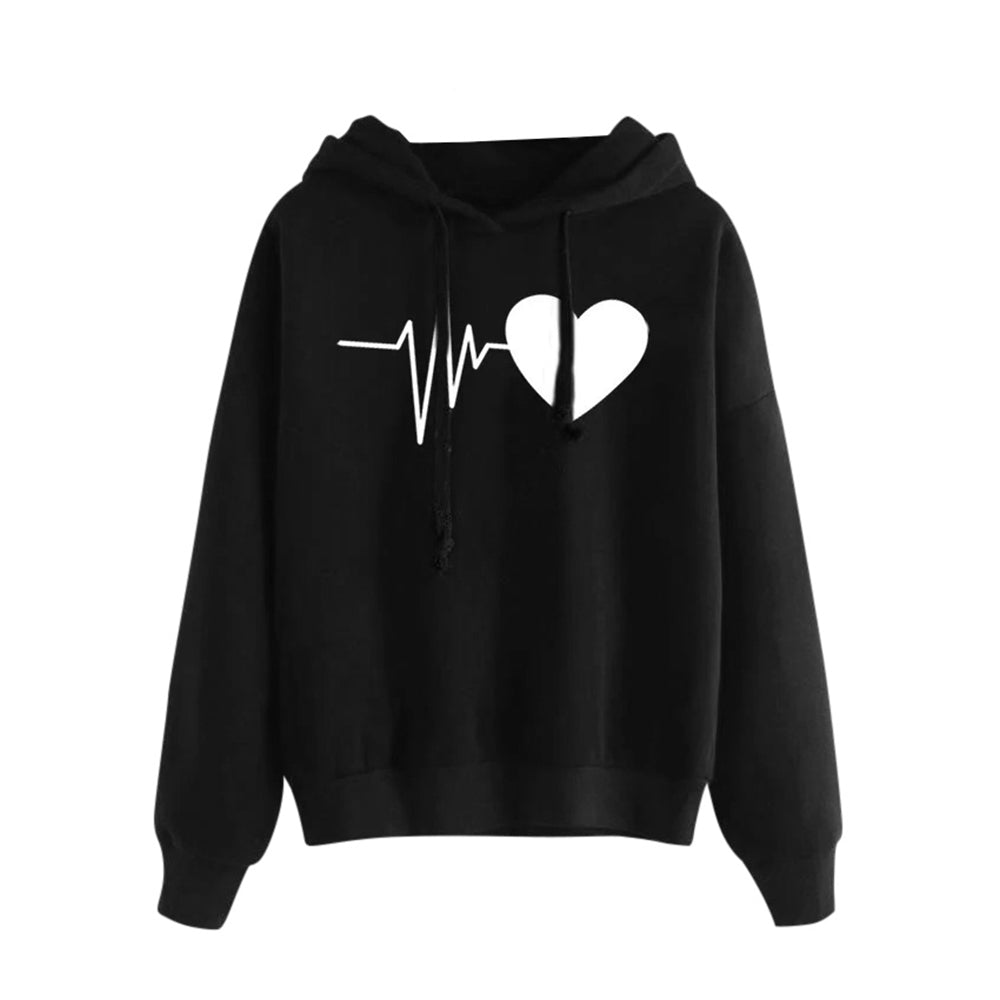 Heart Print Streetwear Hoodies Women Sweatshirt Spring Autumn Long Sleeve Hoodie Clothes black