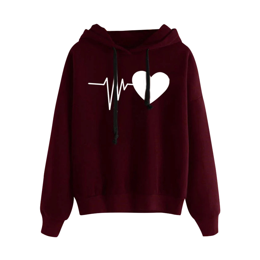 Heart Print Streetwear Hoodies Women Sweatshirt Spring Autumn Long Sleeve Hoodie Clothes red wine